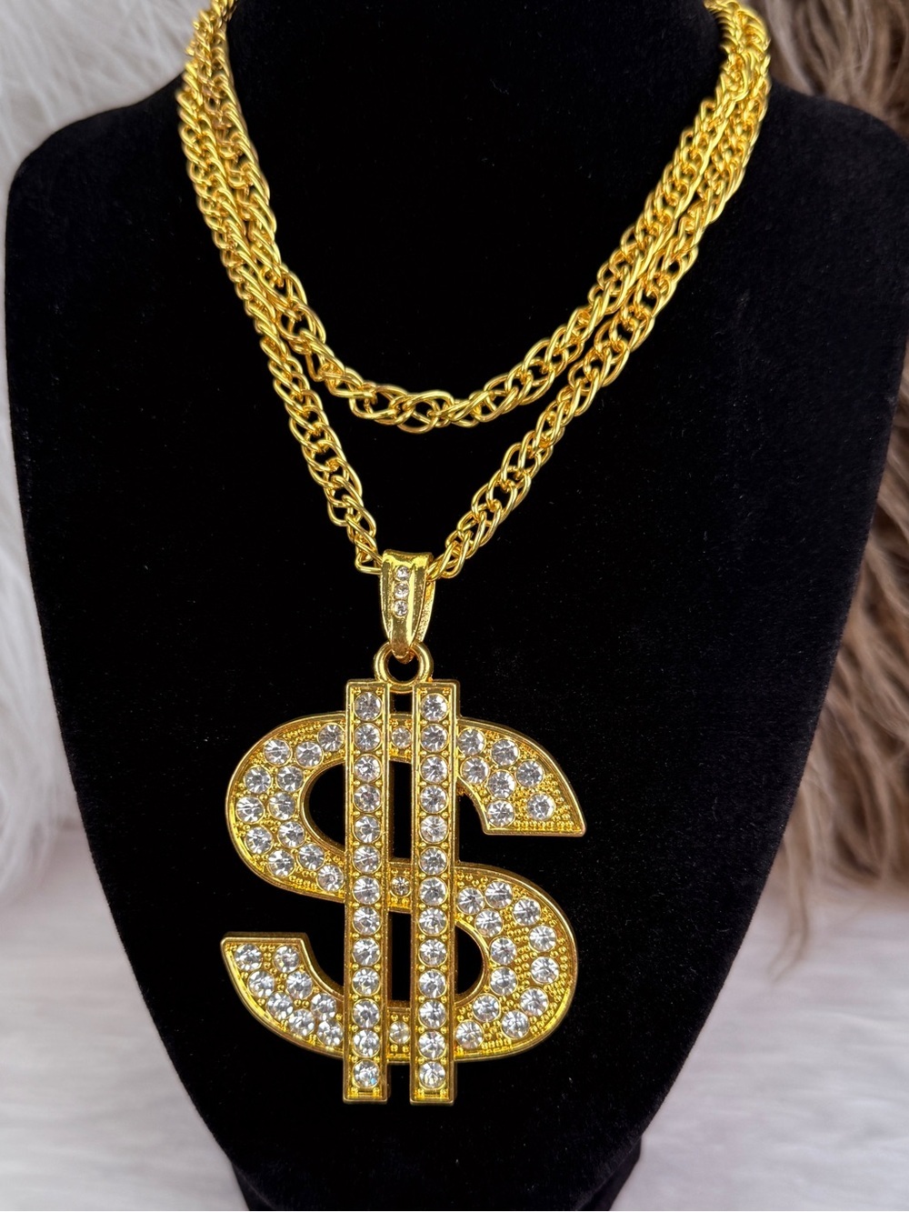 Oversized Dollar Sign Pendant Gold Tone Layered Chain Hip Hop Statement Necklace